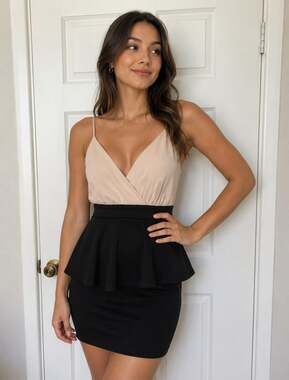Women's Beige and Black Two-Tone Peplum Mini Dress with Criss-Cross Straps